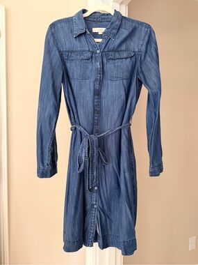 LOFT Blue Denim Long-Sleeve Shirt Dress with Tie Waist